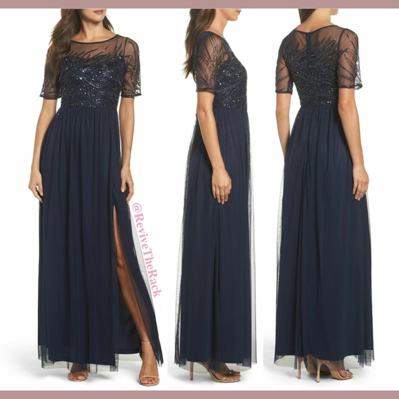 NEW Adrianna Papell Beaded‎ Bodice Mesh Gown in Midnight Blue [SZ 6 ] - Picture 1 of 8